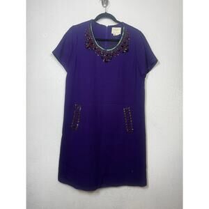 Kate Spade Gail Wool Shift Dress Purple Jeweled Beaded Neck Short Sleeve Sz 10